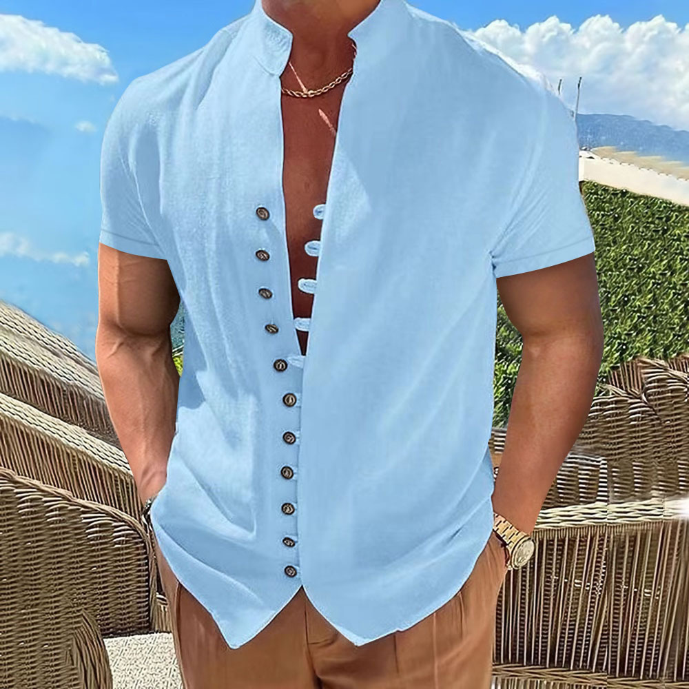 Cross-border Amazon independent station cotton short-sleeved cardigan European and American men's retro casual stand collar button shirt