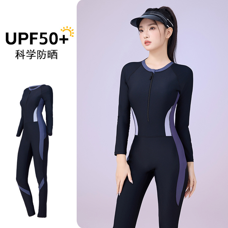 Long-Sleeved Swimsuit, Wetsuit, Women's One-Piece Long Pants, Sun Protection, Quick-Drying, Surfing, Belly-Covering, Slimming, Jellyfish Suit, Plus-Size Swimwear