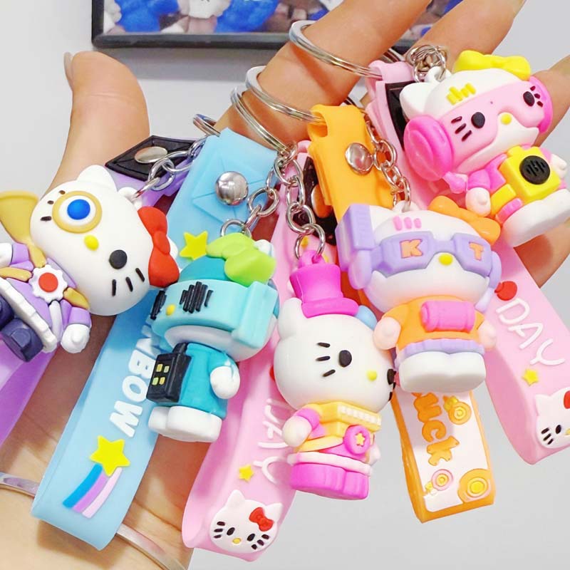 Cartoon Kt Cat Keychain Pendant Trendy Toy Small Figurine Key Accessory Soft Rubber Doll Promotional Gift Wholesale
