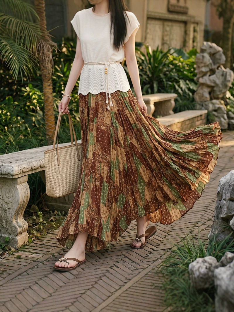 Feiyuan Retro Gradient Casual Versatile Rose Floral Flared Skirt Early Spring New Style Drapey Pleated A-Line Skirt