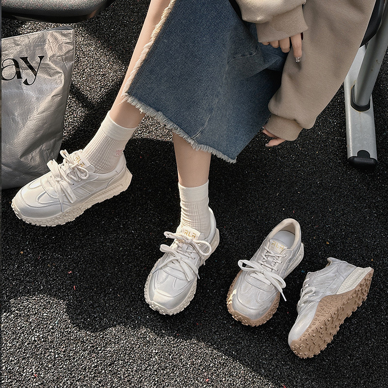 Genuine Leather White Shoes Women's 2025 Spring New Sports Casual Shoes Retro Platform Shoes All-match Lightweight Forrest Gump Shoes