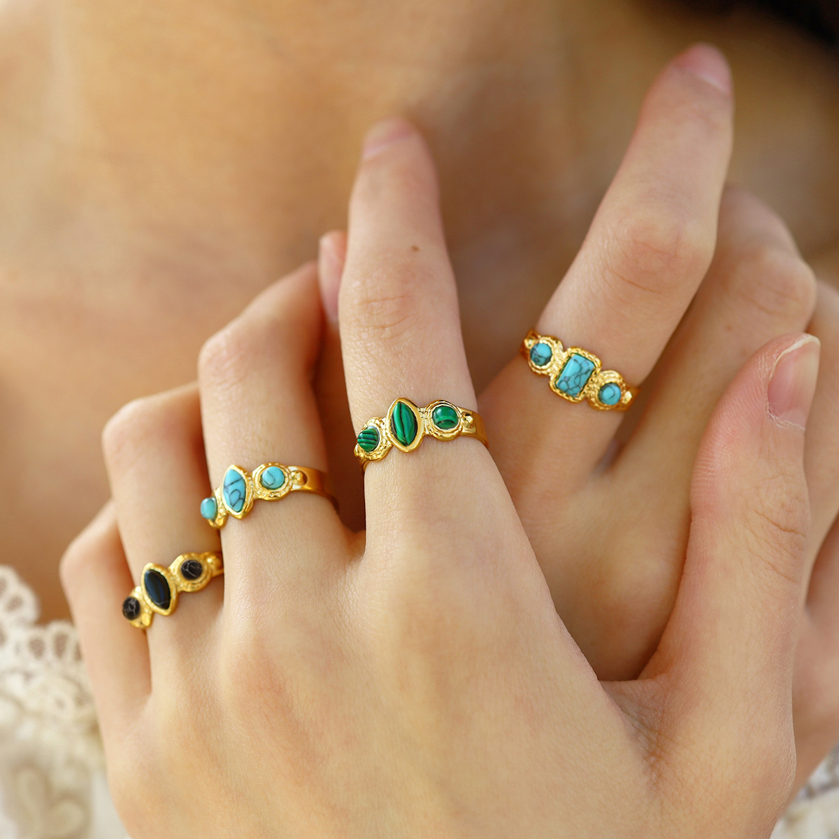 European and American Retro Ins Style Stainless Steel Natural Stone Ring 18K Gold-Plated Versatile Adjustable Open Ring Jewelry Factory