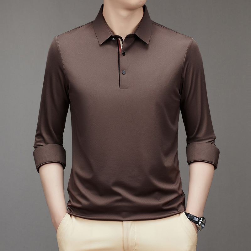 New Autumn Men's Mulberry Silk Seamless Polo Shirt Middle-aged Men's Long-sleeved Loosening Business Casual Men's Shirt