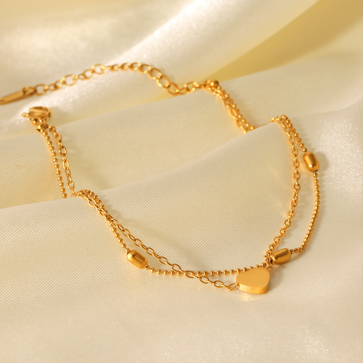 Ins European and American Titanium Steel Anklet 18K Gold Stainless Steel Heart Pendant Oval Bead Chain Double-Layer Anklet Non-Fading Foot Accessories