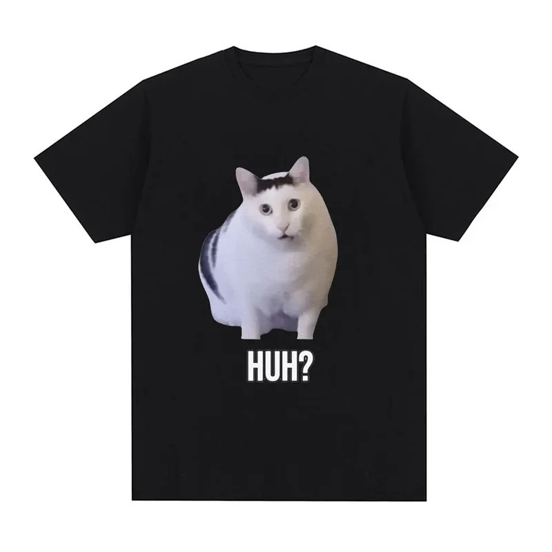 European Size Pure Cotton T-Shirt Cat Saying Huh? Funny Meme T-Shirt Men Women 100%