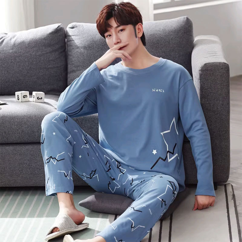 Pajamas Men's Spring and Autumn Round Neck Long Sleeve Trousers Korean-style Simple Gimmel plus size Casual Home Clothes suit