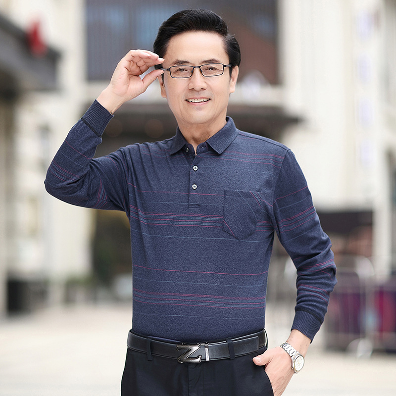 Autumn Men's Long-Sleeved T-Shirt Thin Middle-Aged Men's Lapel Business Casual Polo Shirt T-Shirt Dad's Autum Clothing