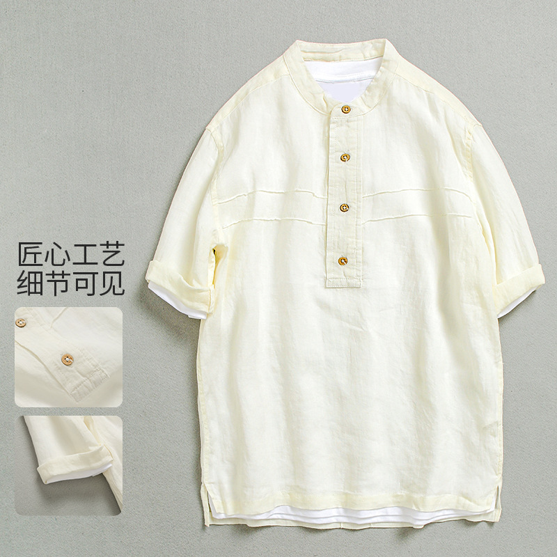 Summer Thin Short-sleeved Pullover Shirt Men's Loose Large Size Japanese Polo Shirt Design Sense Linen Cardigan 2511