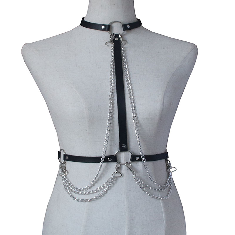 European and American Punk Style Leather Collar Belt Integrated Bound Belt Night Bar Performance Chest Chain Body Chain Accessories