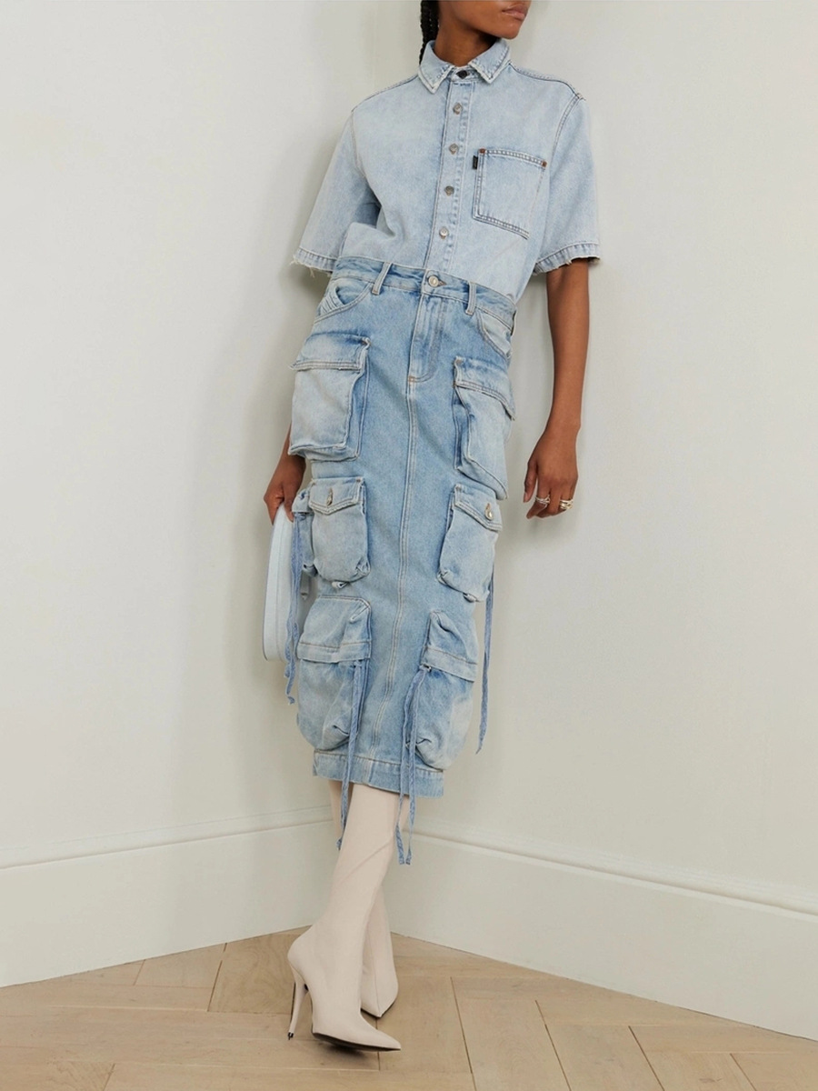 Workwear Style Washed Mid-Length Skirt 2026 Spring New Style Multi-Pocket Decorative High-Waisted Slimming Denim Skirt for Women