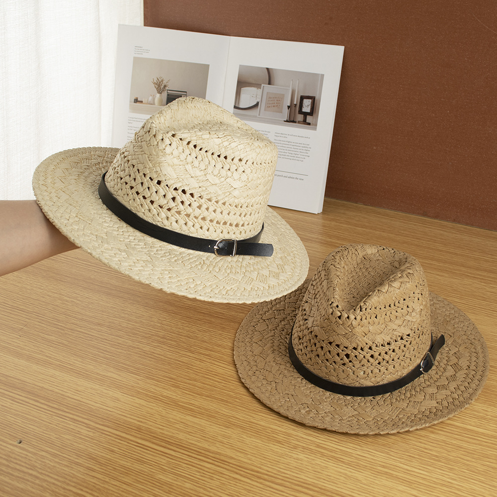 Hollow Woven Straw Hat with Large Brim, Sunshade Summer Hat for Men and Women, Belt Buckle Jazz Hat, Panama Hat Hot Style