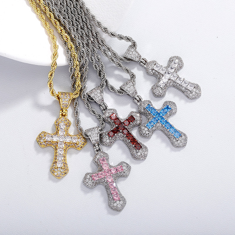 Cross-Border Amazon Hip-Hop Colorful Zircon Cross Pendant Men's Necklace Fashionable Versatile Sweater Chain Twist Chain