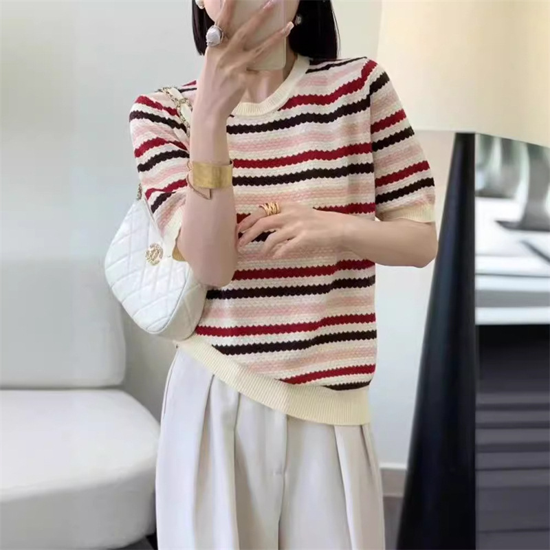 Korean Style Summer New Round Neck Thin Knitwear Rainbow Stripesd Short-Sleeved Pullover Loose Slimming Look Western Style Bottoming Shirt for Women