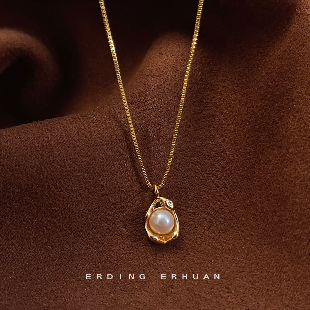 French style broad bean freshwater pearl necklace 14K gold plated bowl pearl pendant niche fashion high-grade clavicle chain female