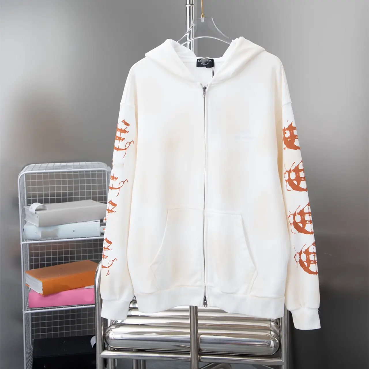 Paris B Home Letter Logo Embroidered Sanskrit Flame Rock Style Dirty Dirty Old Zipper Hoodie Jacket Men