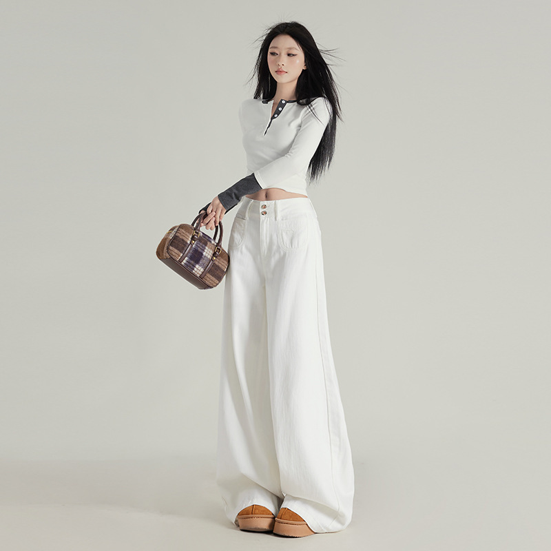Casual Style Wide-Leg Flared Jeans for Women, Spring High-Waisted Wide-Leg Pants for Petite Women, Floor-Length Pants for Women, Slimming Effect