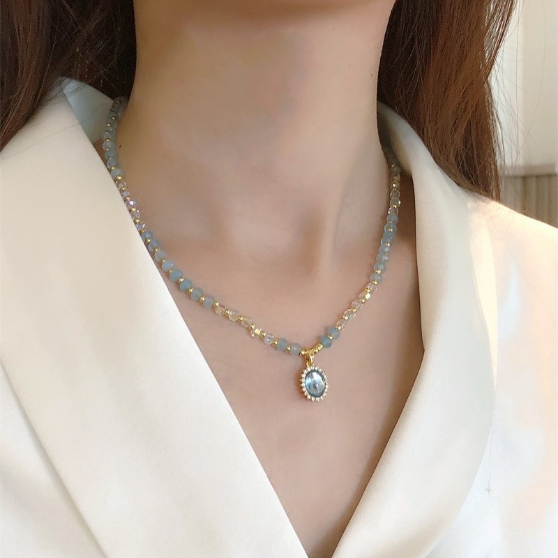 Deep Sea Blue Treasure Necklace Light Luxury Niche Elegant Retro Clavicle Chain Women's 2024 Summer New High-grade Necklace Accessories