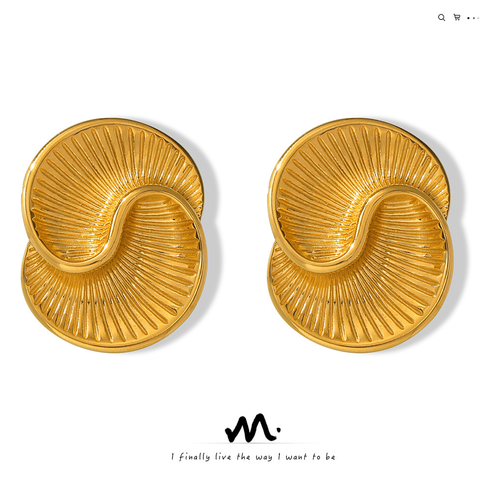 Ins Style Personality All-match Elegant Earrings Water Drop Shape Texture Spiral Design Sense Titanium Steel Asymmetric Earrings