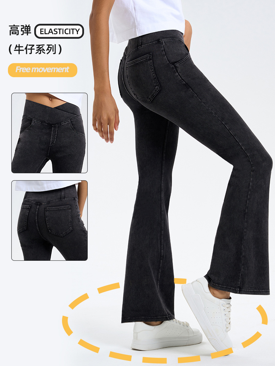 Spring and Summer New Style Cross-Waist Jeans for Women, High-Elastic Butt-Lifting Double-Pocket Sports Yoga Fitness Flared Pants