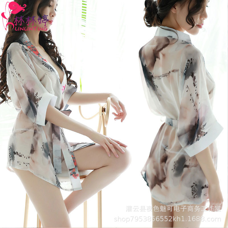 Women's Sexy Chiffon Pajamas Transparent Short Dress Kimono Nightgown Passionate Hot Sexy Set Loose