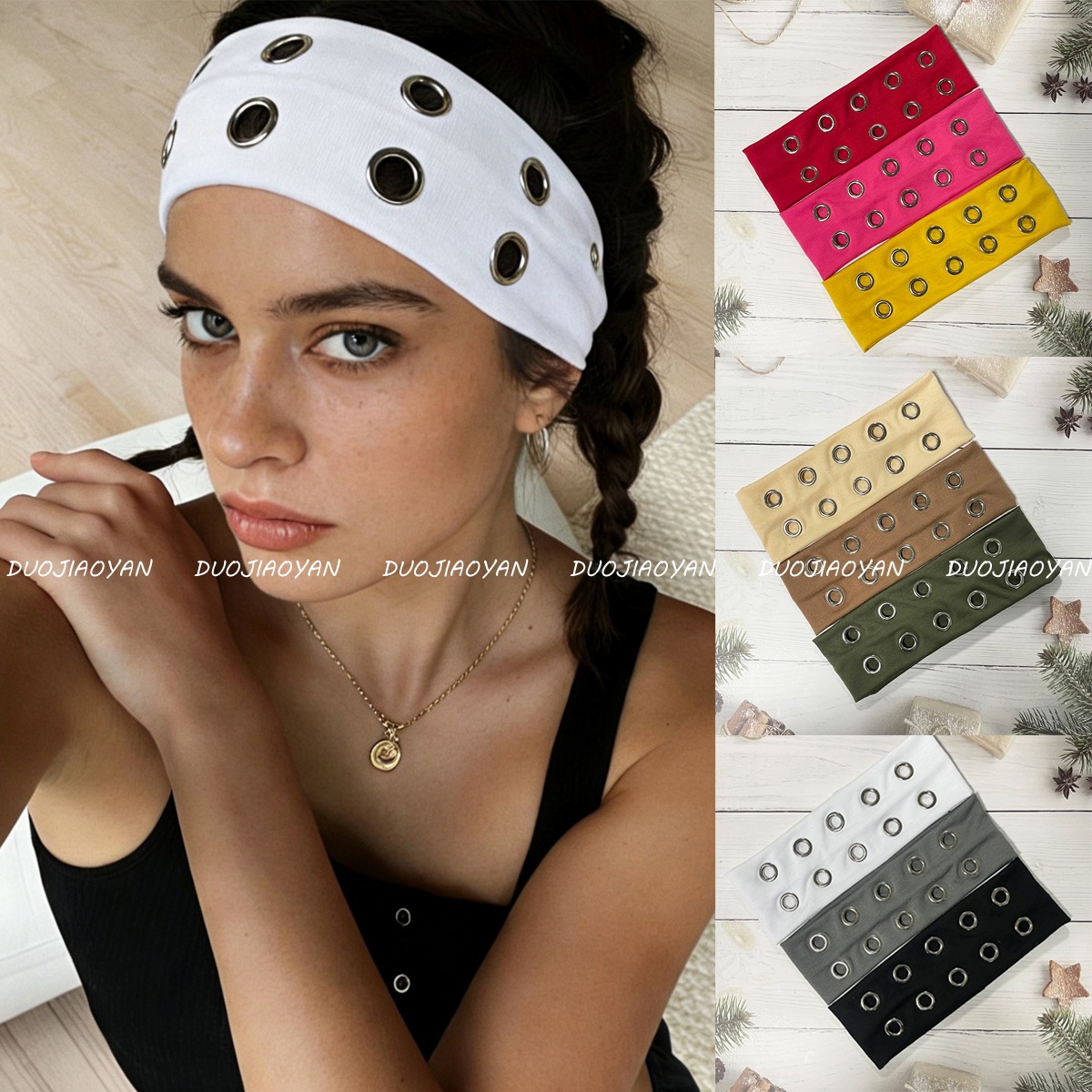 European and American Punk Style Elastic Headband with a High-End Fabric Design, Hollow Metal Headband, Street Fashion Versatile Headscarf