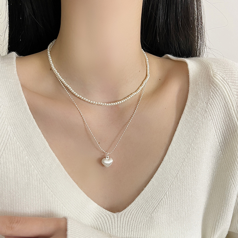 Japanese and Korean Silver Brushed Heart Design Necklace Women's High-End Niche Accessible Luxury Double-Layer Stacked Clavicle Chain Accessories
