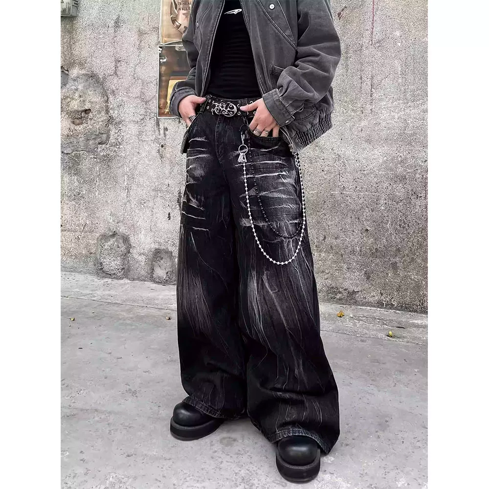 American high street Vibe black lightning pattern jeans men's street hooligan handsome dark style loose wide leg floor length pants