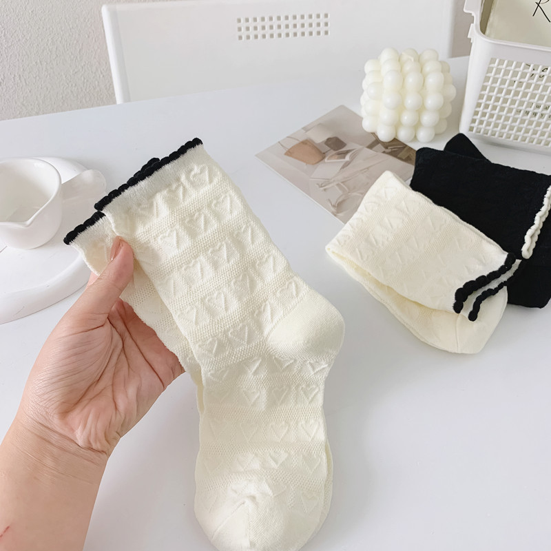 Japanese jk thin socks black and white heart relief girl mesh mid-calf socks summer cotton lace Mary Jane socks