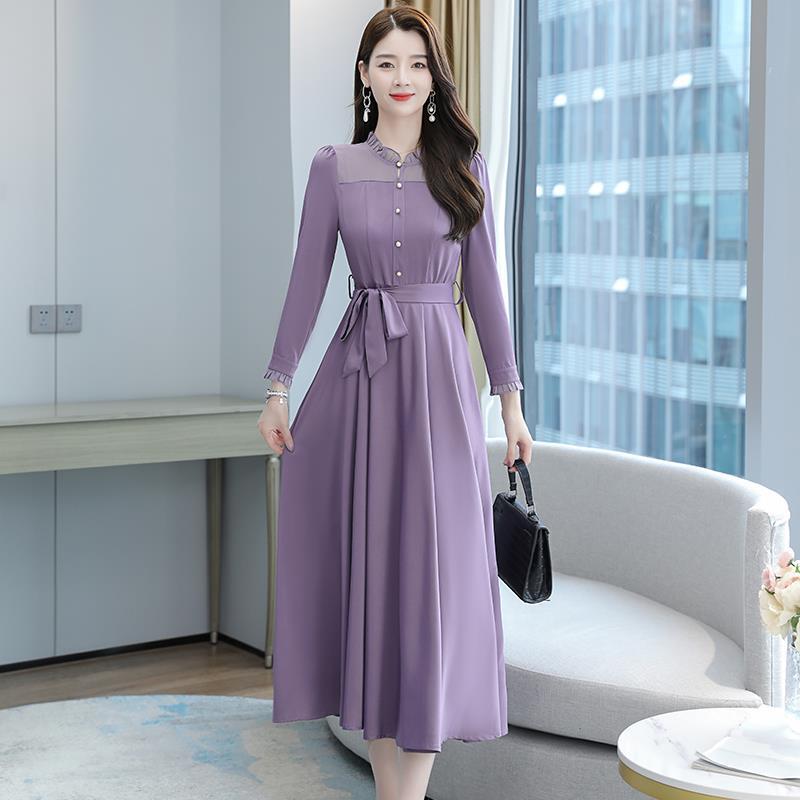 Actual Shot of the 2026 Autumn New Acetate Satin Chiffon Patchwork Dress, Mid-Length Elegant Long Dress