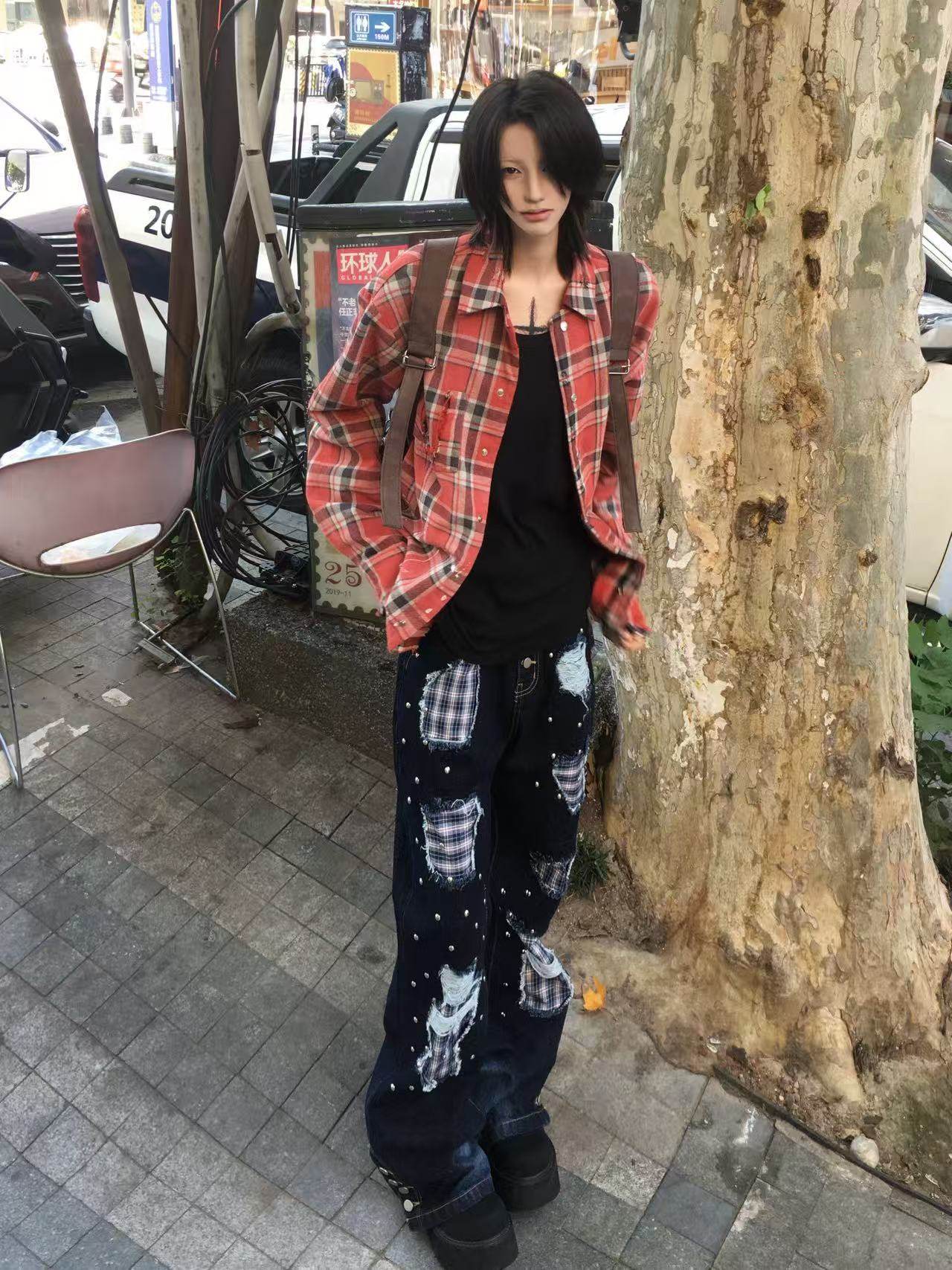 Paiki'Song of Weaving' Ripped Plaid Studded Jeans, Slightly Flared, Visual Autumn and Winter Versatile Pants for Men