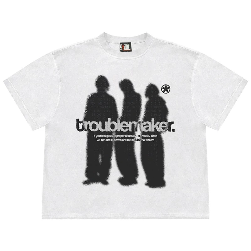 Troublemaker American Design Graffiti Letter Character Loose High Street Fashion Brand Short-Sleeved T-Shirt for Men and Women