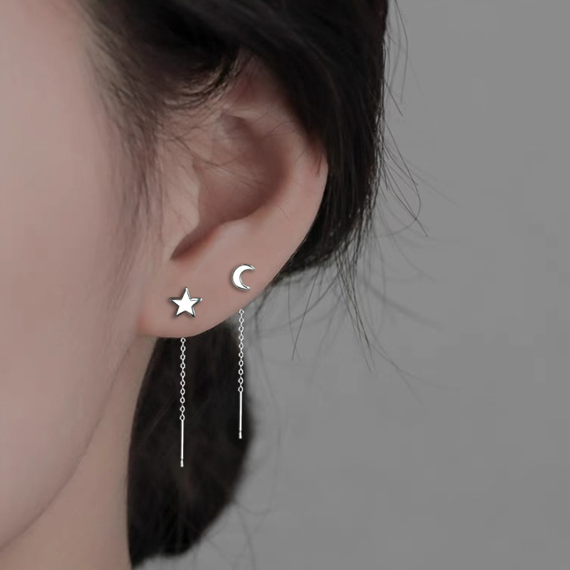 Gone Asymmetric Star and Moon Ear Line Women's Cold Wind Long Chain Tassel Five-pointed Star Moon Ear Stud Earrings