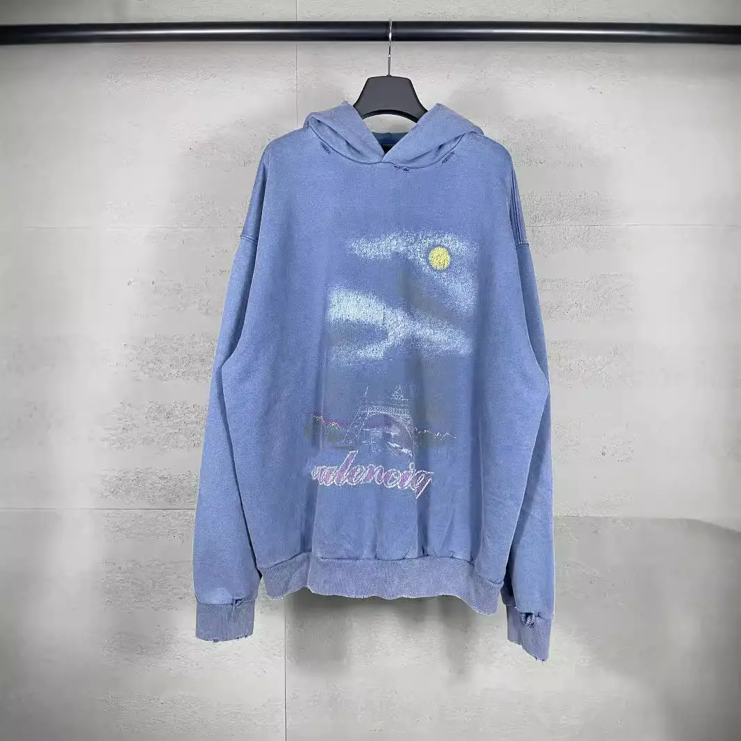 The correct version of Paris tide B family 2024 new Eiffel Tower direct spray color printing washed and worn hooded sweatshirt