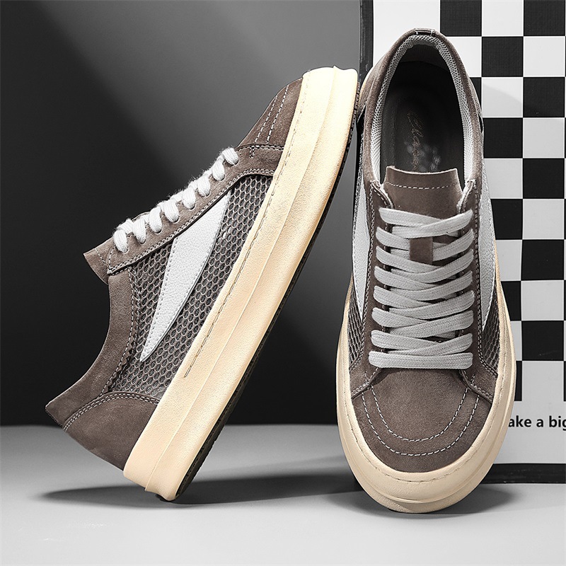 TikTok Explosive Board Shoes Men's 2025 Summer Mesh Hollow Breathable Leather Casual Shoes Color Matching Soft Sole All-Match Trendy Shoes