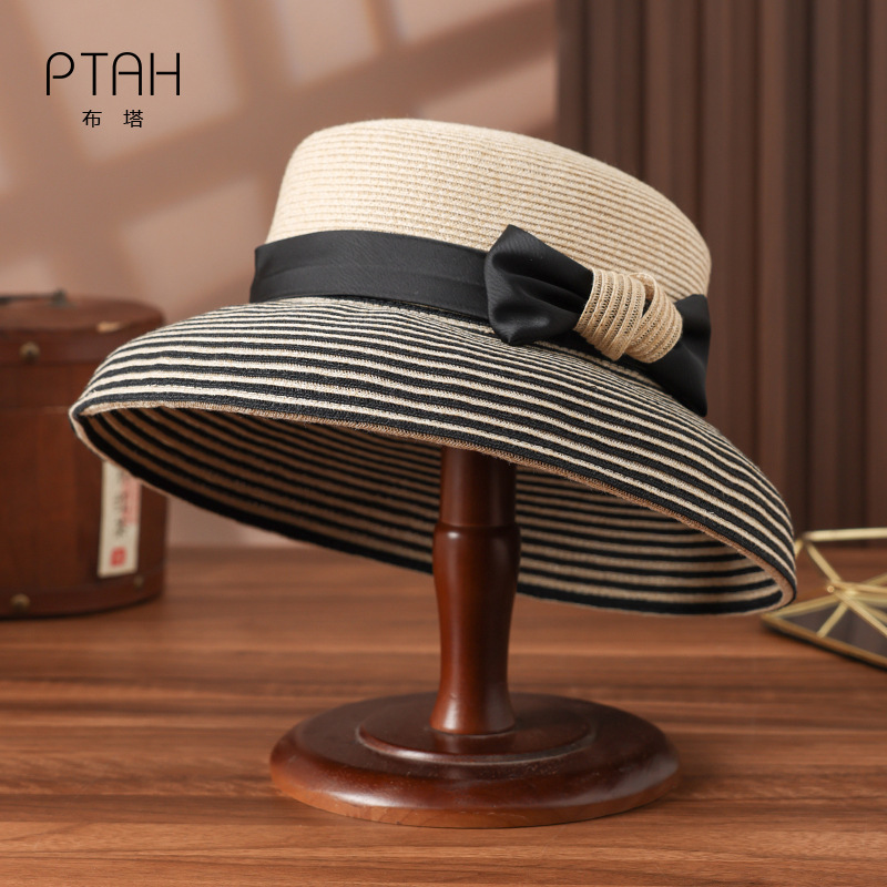 Buta Sun Protection Straw Hat for Women, Summer Wide-Brimmed Sun Hat, Bow Striped Sun Hat, Vacation Hat Pt1522