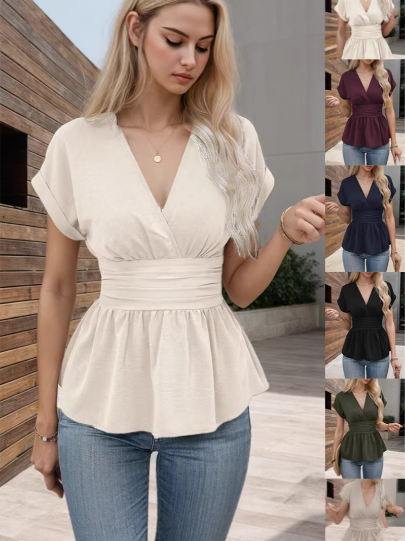 European and American Cross-Border Amazon Independent Site Hot-Selling Women's Clothing V-Neck Waist-Cinching Solid Color Raglan Sleeve Pleated T-Shirt Dress for Women