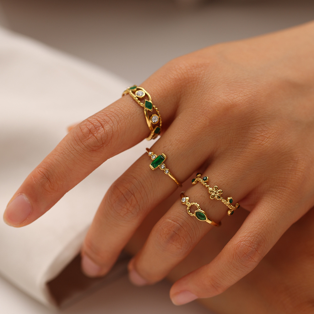 Emerald Zircon Versatile Open Ring with Colorful Gemstones, Ins-Style European and American Niche Minimalist Floral High-End Ring Jewelry