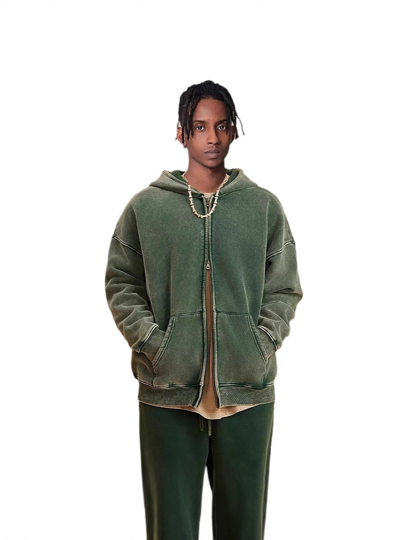 2026 American-Style Trendy Brand Washed Hoodie with Hood and Zipper, Retro Fleece-Lined Double-Zipper Sweatshirt for Men, Loose Fit Hoodie