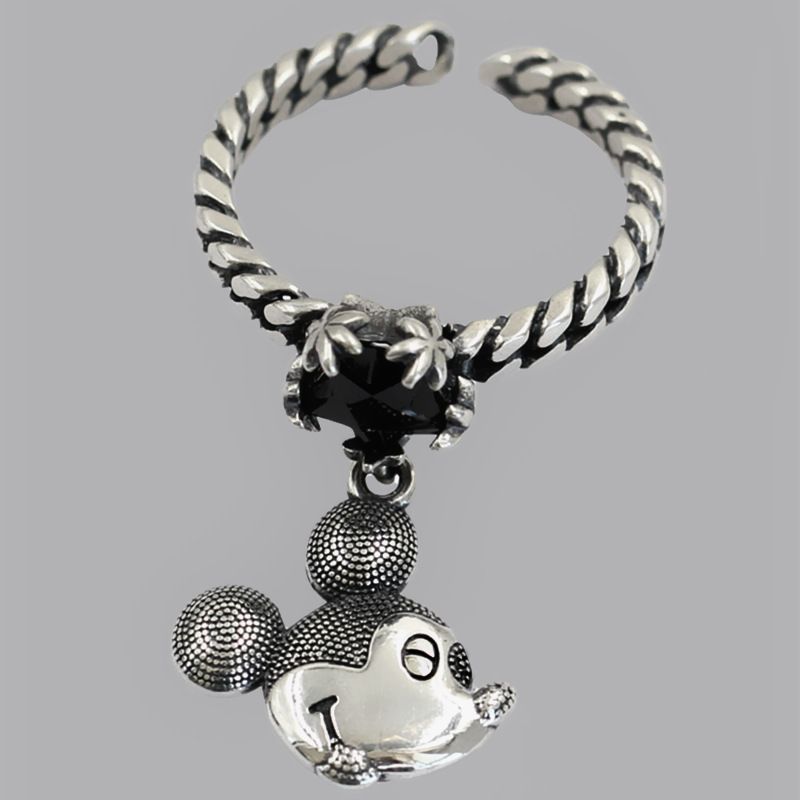 Korean New Mickey ring Women's retro personalized Thai silver diamond five-pointed star Mickey Mouse ring open ring ring
