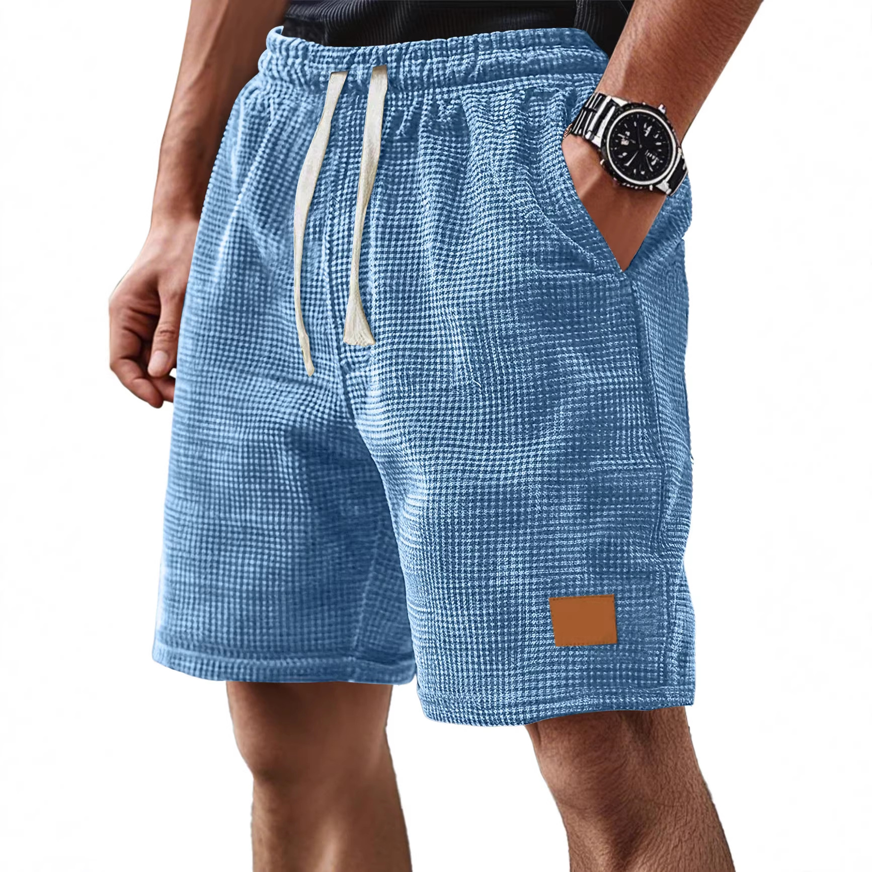 2026 New Cross-Border Amazon Men's Small Checkered Casual Pants with Drawstring, Versatile Five-Point Pants with Leather Label