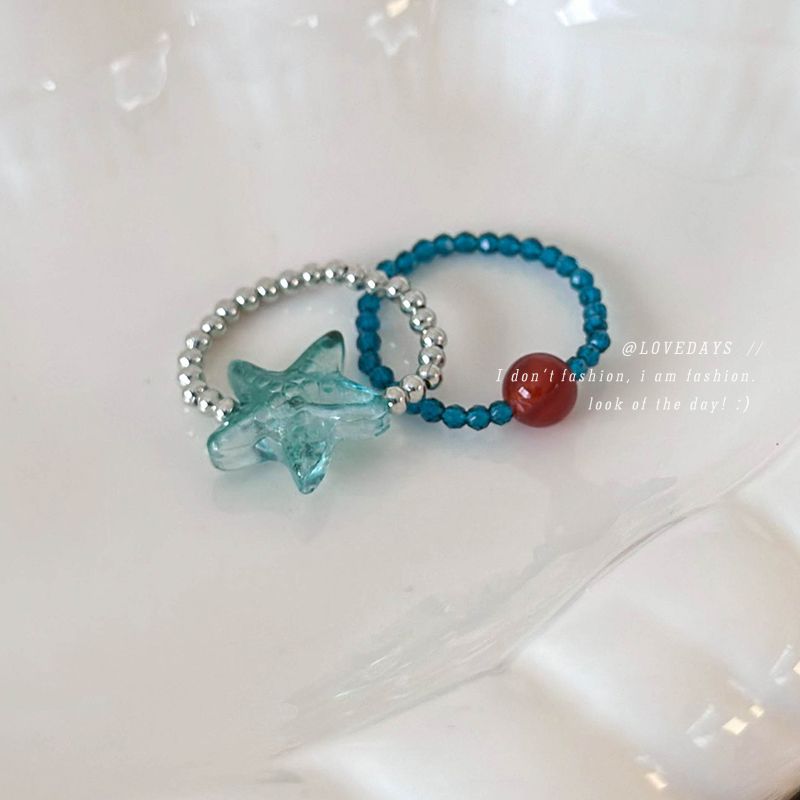 Summer Vacation Mint Green Starfish Beaded Ring Women's Fashion Girlfriend Food Finger Ring Niche Design All-match Ring