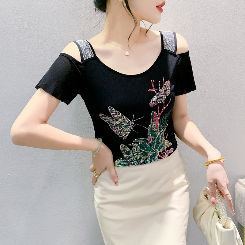 Sexy Shoulder Mesh T-shirt Women's Short-sleeved Summer New European Fashion Hot Drilling Top Slim-fit Trendy Small Shirt
