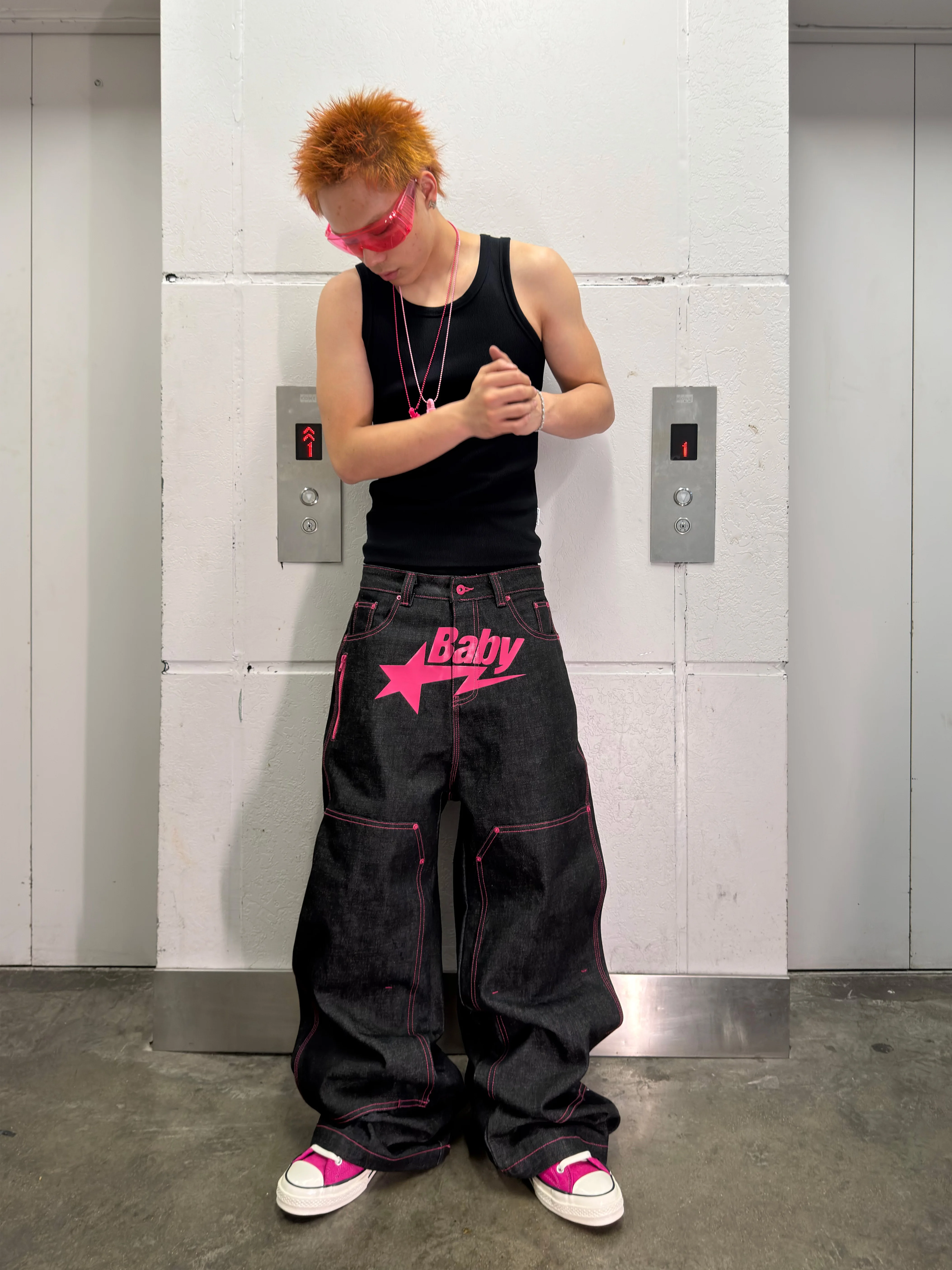 *RYE CHASIN 2000s粉色寶貝明星BabySTA bootleg直筒原色牛仔裤