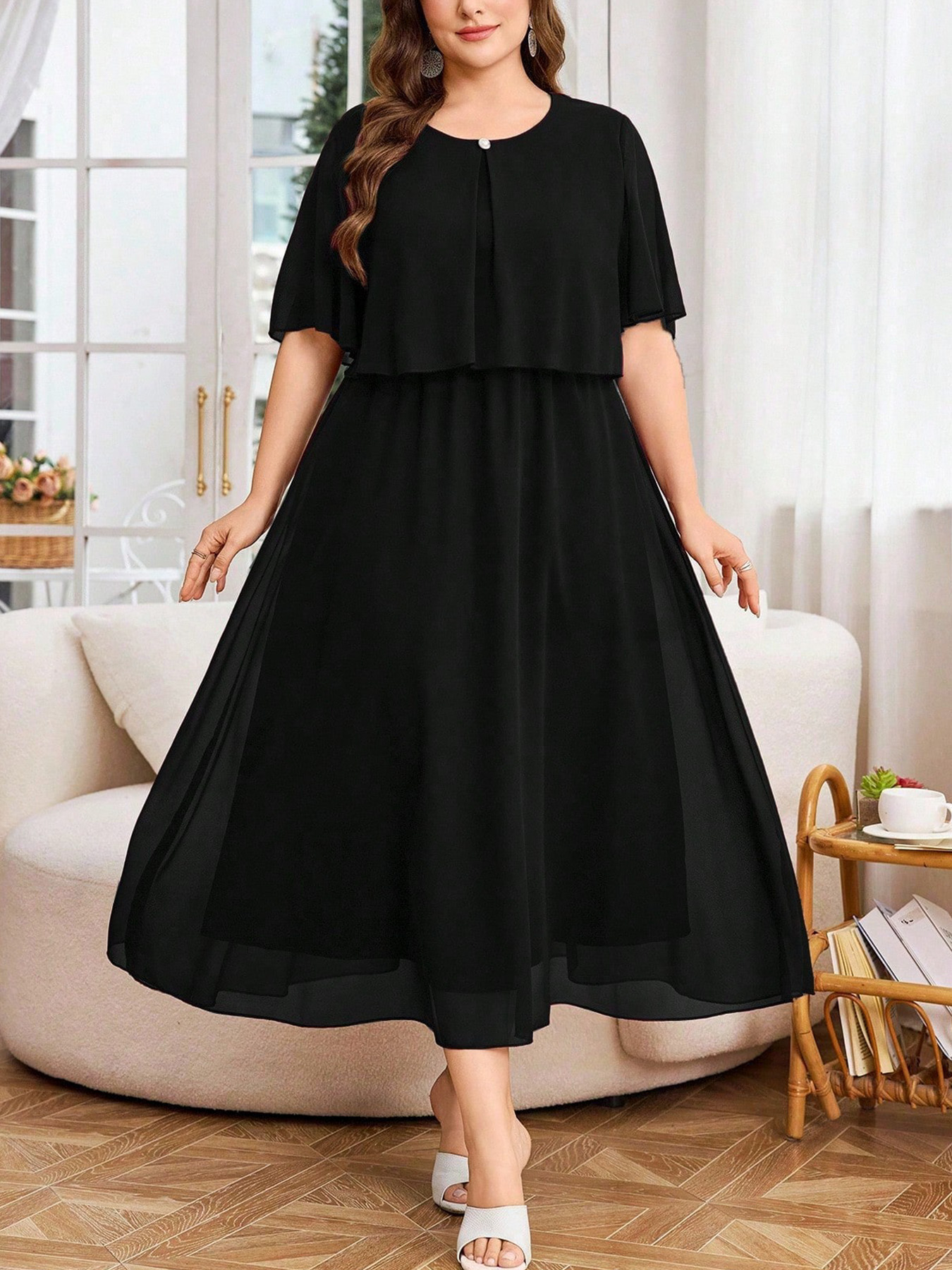 Summer New Cross-Border Style Simple Solid Color Round Neck Short-Sleeved Comfortable Casual Elegant Mesh Splicing Dress