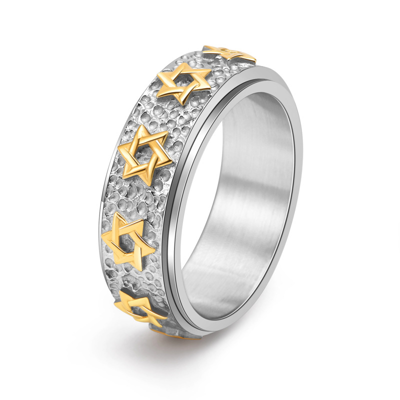 Amazon jewelry retro new fashion bracelet titanium steel fashion six-pointed star rotatable ring men's ancient style ring