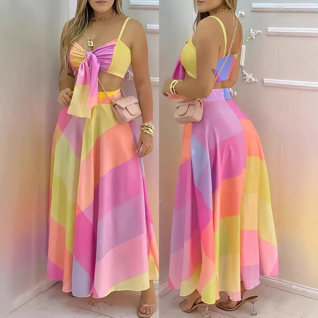 European and American Cross-Border Sexy Suspender Lace-Up Crop Top Geometric Print Zipper Skirt Beach Style Suit