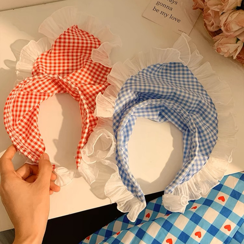 Blue Plaid Lace Triangle Women's Baotou Women's Pastoral Style Hair Band High-end Seaside Atmosphere Hair Band Headdress