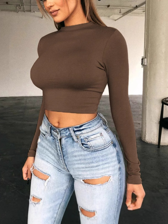 European and American Cross-border 2025 Fashion Sexy Solid Color Short Slim-fit Navel-exposed Long-sleeved T-shirt Base Shirt Women's Top