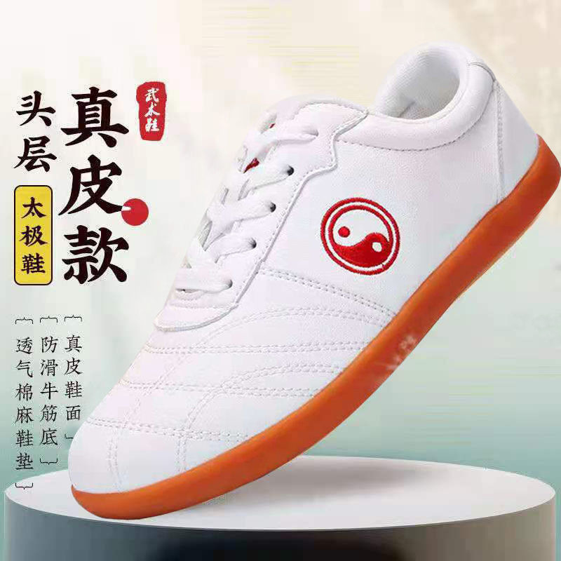 Fujian Shoes Manufacturer Wholesale Tai Chi Shoes Tbottomon Sole Men's and Women's Leather Soft Non-Slip Tai Chi Practice Martial Arts Shoes