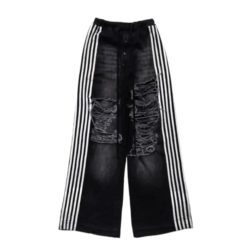 (In Stock) Yori Sport Black Erosion Destruction Spoof Five Stripes Denim Silhouette